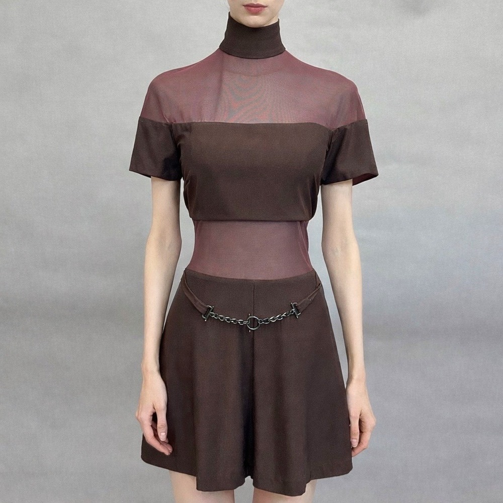 Vintage Cache Brown Sheer Mesh Romper‎ Chain Belt 90s High Neck Short Sleeve